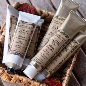 a basket of balsam lavender hand creams made by adirondack fragrance farm